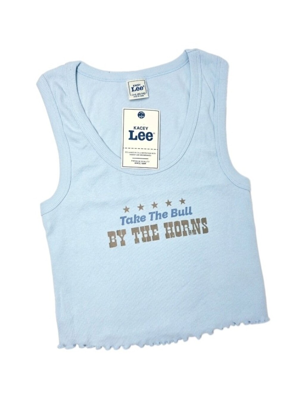 Kacey Lee Graphic Cutaway Tank Top Take the Bull by the Horns Blue Crop Women's